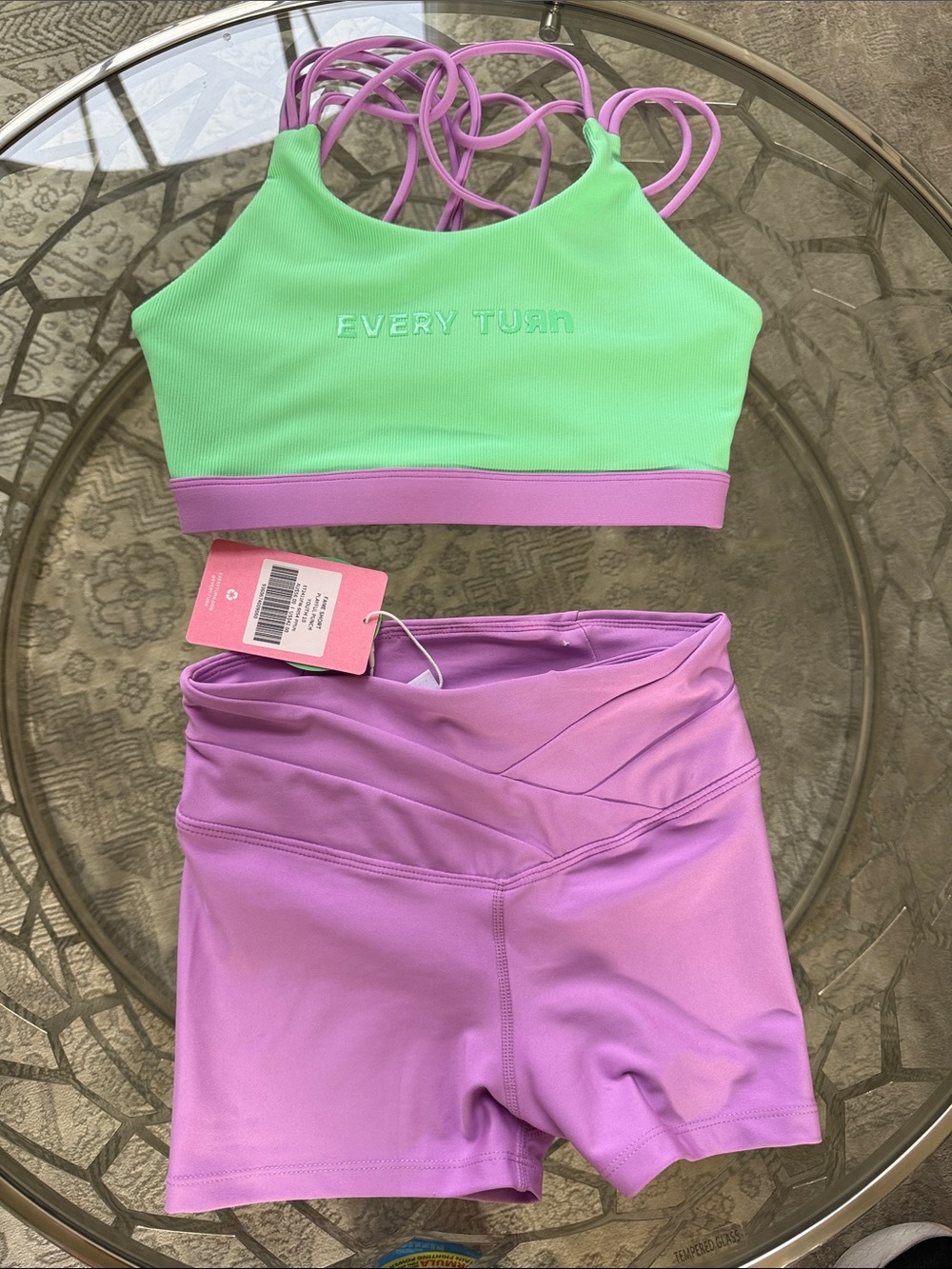 Every Turn Mint Green & Lilac Strappy Sports Bra with Lilac High-Waist Shorts